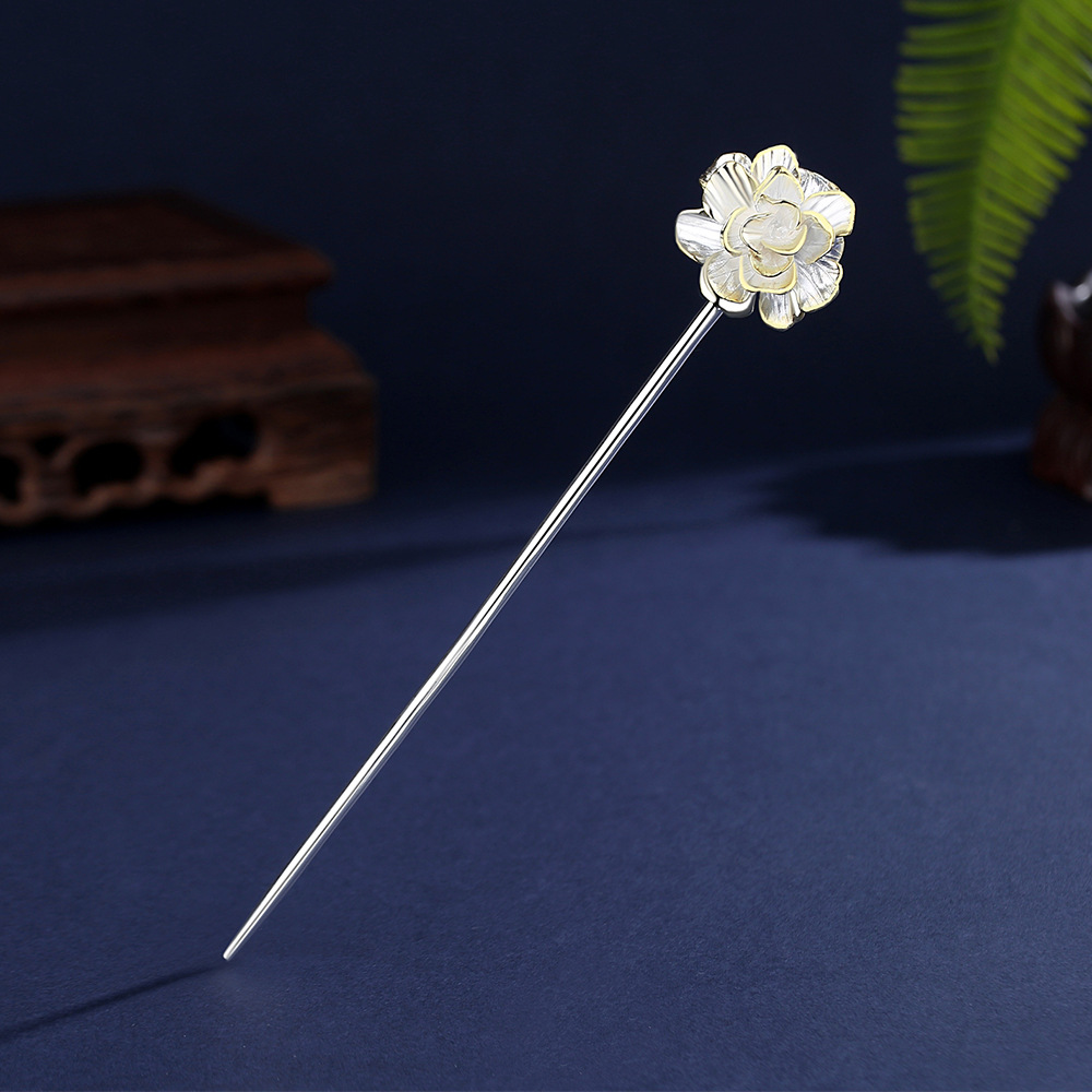 s925纯银芙蓉花发簪新中式高级感古风国潮素银簪子汉服旗袍发饰女