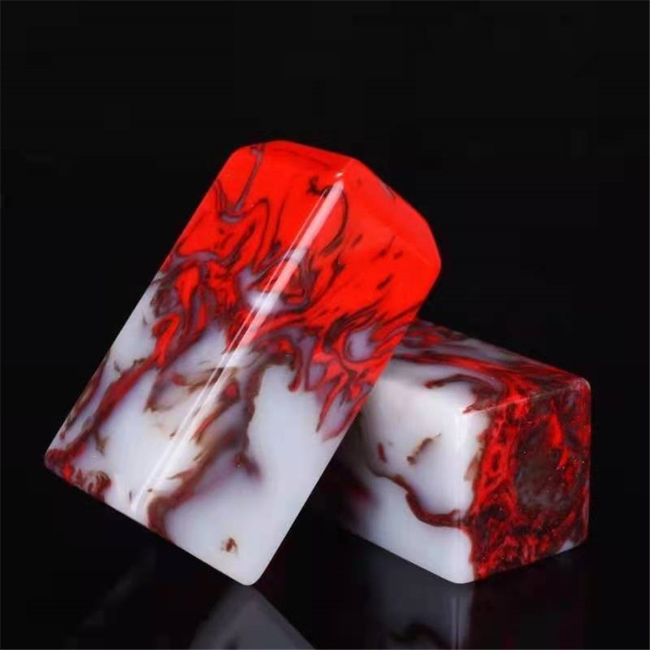 高仿新疆外蒙料鸡血玉印章文房四宝七彩玉方章章胚摆件直播货源