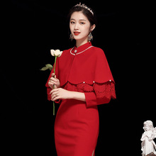 中国风红色钉珠荷叶边流苏斗篷两件套旗袍连衣裙2024年新款21176