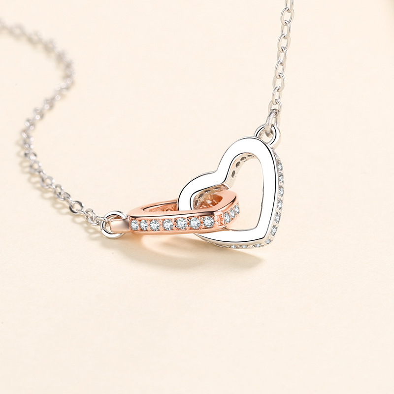 S925 Silver Heart-to-Heart Double Ring Silver Necklace Korean Style Simple Pendant Clavicle Chain Valentine's Day Gift Silver Accessories Wholesale
