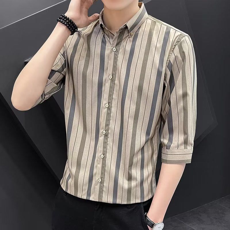 七分袖衬衫男短袖休闲修身夏季薄款半袖条纹衬衣潮流帅气中袖寸衣