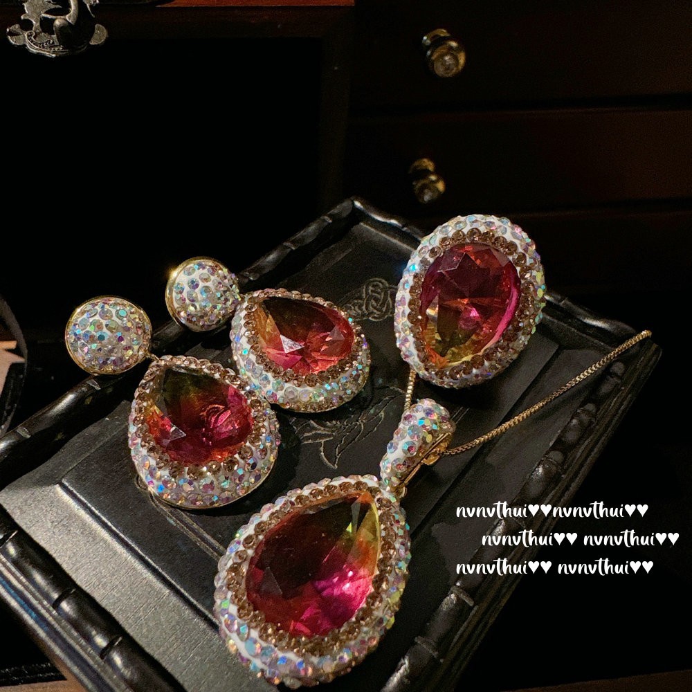 西瓜碧玺水滴宝石项链 绝地武士 镀18k金 波尔多水滴锆石耳环套装