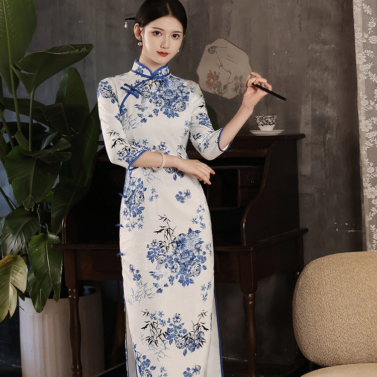 缇花影春秋新款花罗旗袍连衣裙七分袖长款青花瓷双层旗袍1038