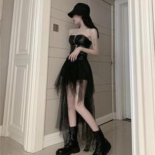 暗黑系时尚两件套女夏设计感PU皮带收腰抹胸高腰不规则网纱半身裙