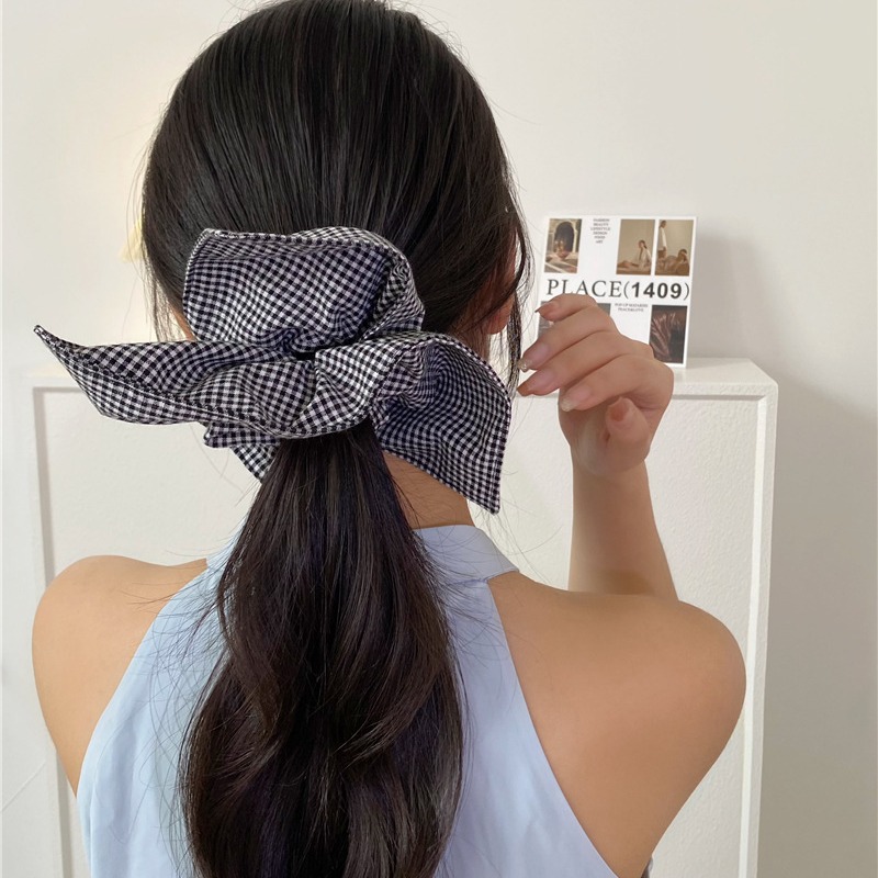 ins韩国东大门设计师款 法式复古格子方形大肠圈发圈发绳皮筋头绳