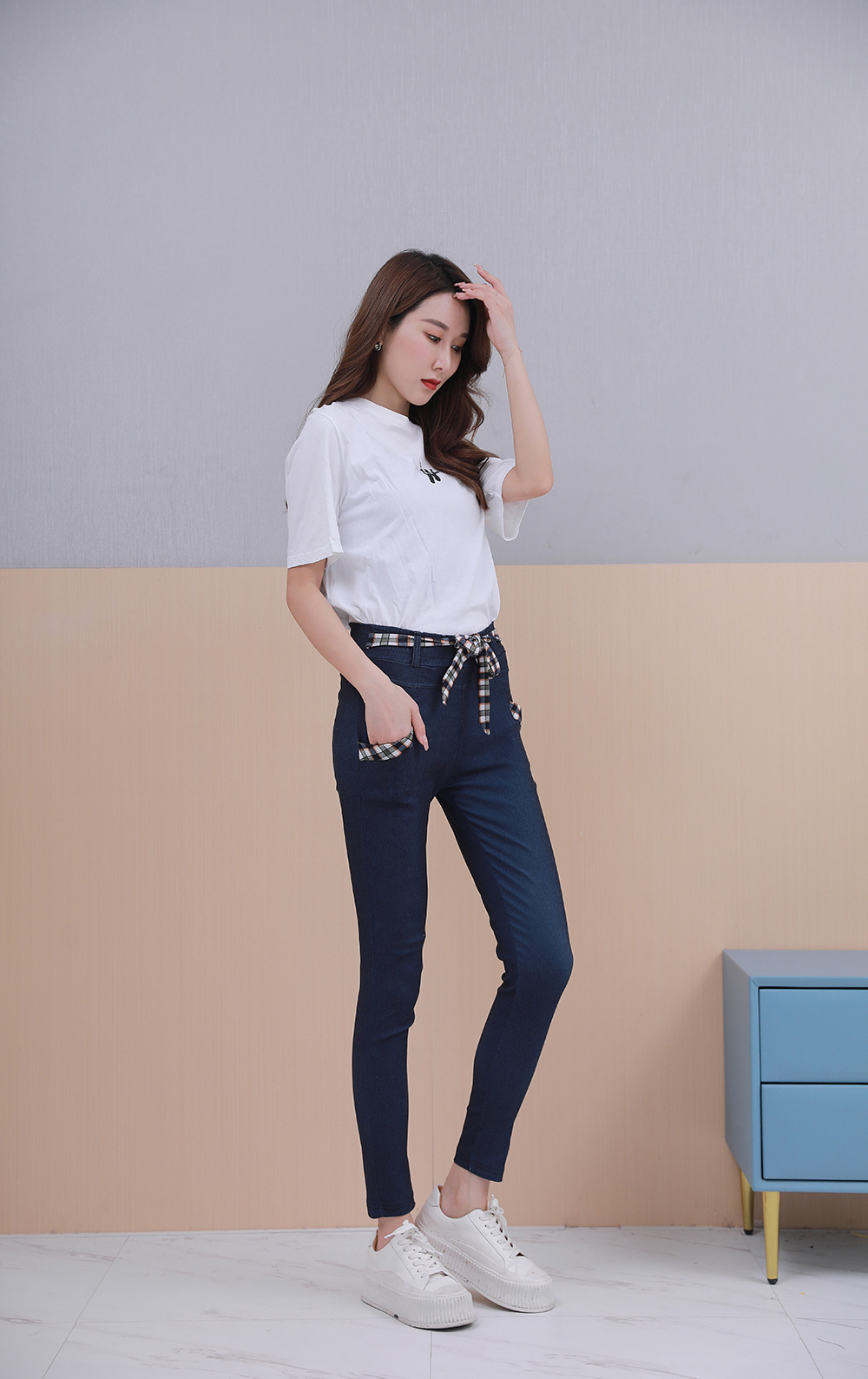 韩版弹力小直筒紧身牛仔裤女条纹弹力牛仔裤打底裤女