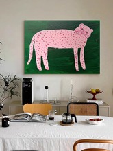 客厅金钱豹艺术粉红装饰画玄关挂画波普壁画油画动物绿色风横版