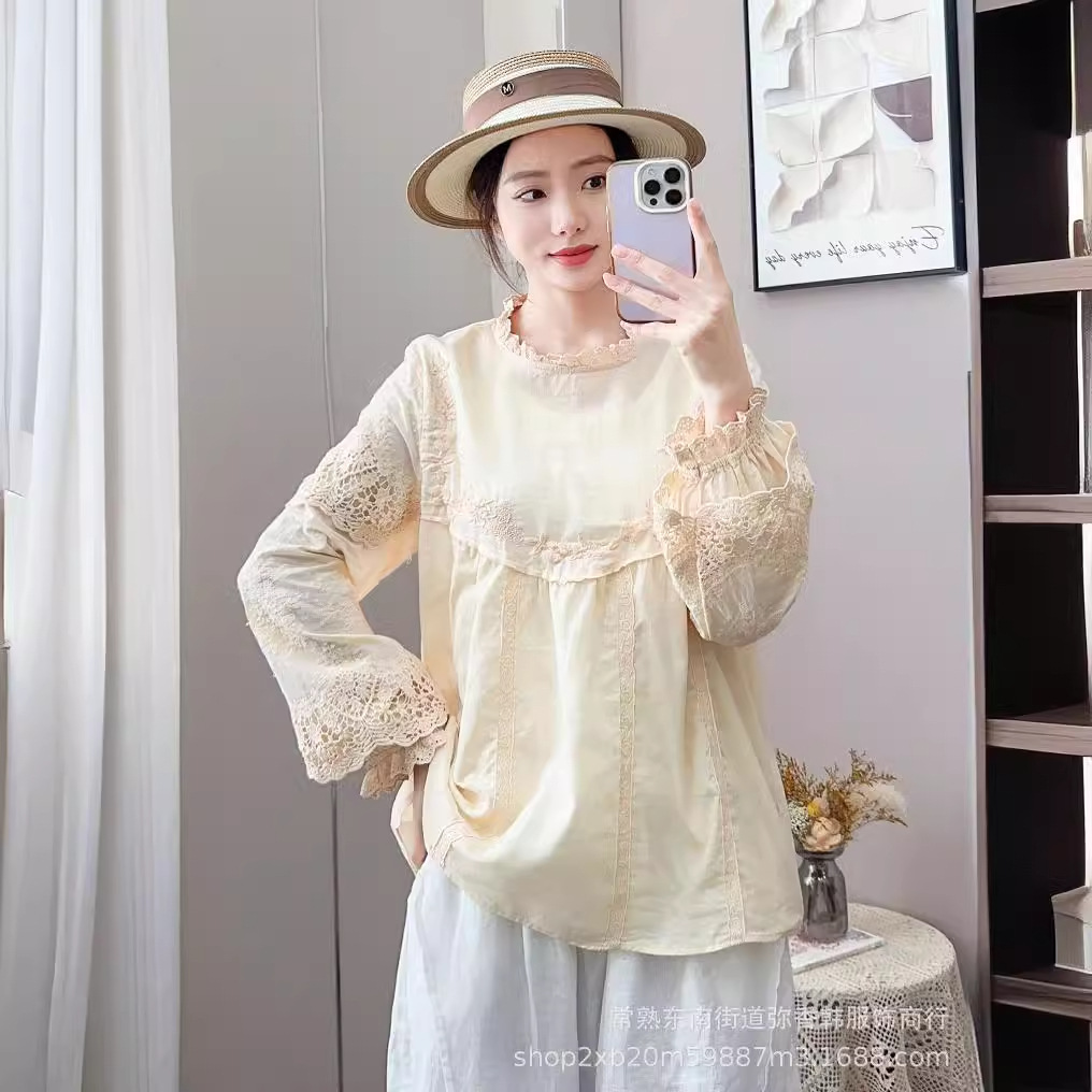 2024春款 森系小清新重工精致刺绣立领荷叶边 女衬衫衬衣-阿里巴巴