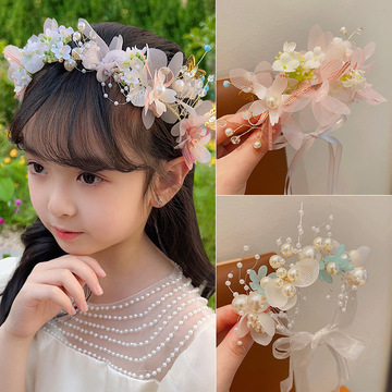 儿童珍珠花环发箍女童公主超仙编发飘带花童头花宝宝森系头箍发饰