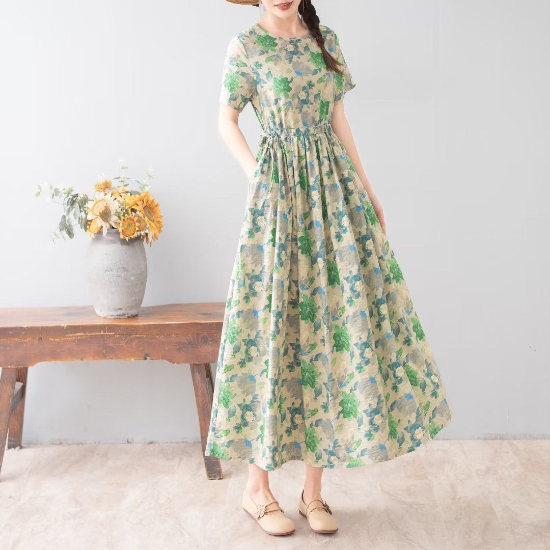 跨境复古长裙大摆裙气质文艺显瘦连衣裙收腰夏季印花长款绿色修身