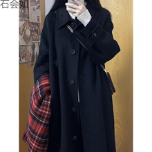 韩系黑色呢子大衣女秋冬新款小个子感赫本风毛呢外套