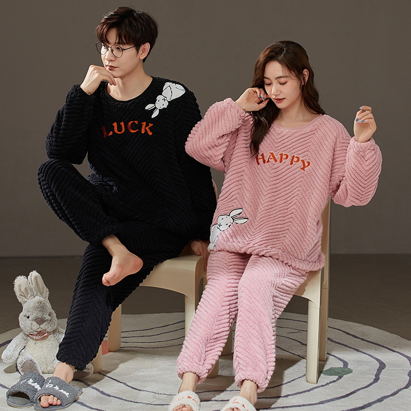 New Long-Sleeved Couple Flannel Pajamas Women Can Wear outside Thermal Coral Fleece Homewear Thickened Men's Suit Winter