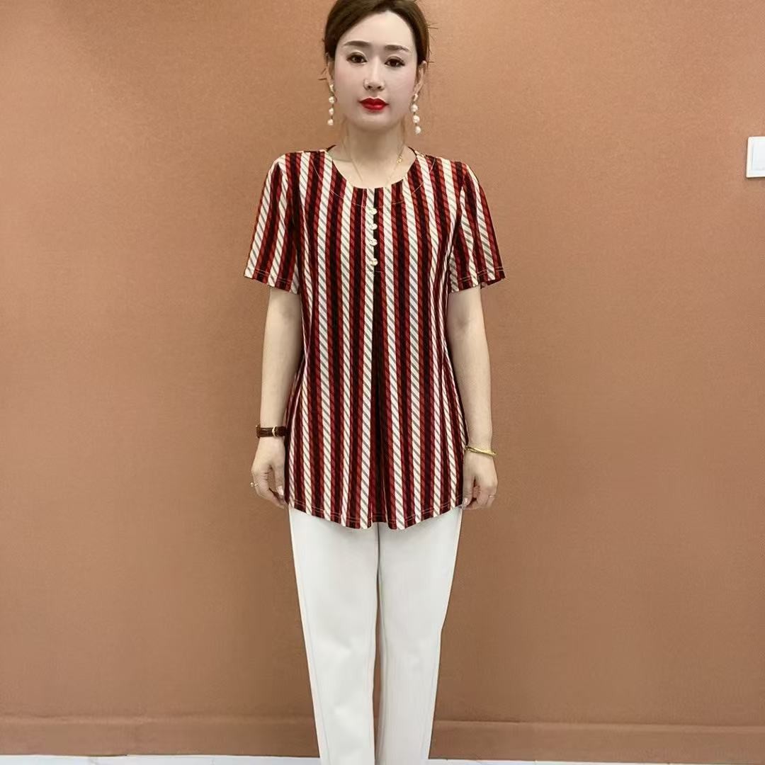 一件代发时尚洋气短袖条纹衬衫休闲夏季新款气质显瘦宽松上衣小衫