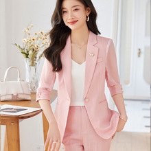 粉色西装套装女夏季薄款七分袖小个子高级感职业正装气质工作服夏
