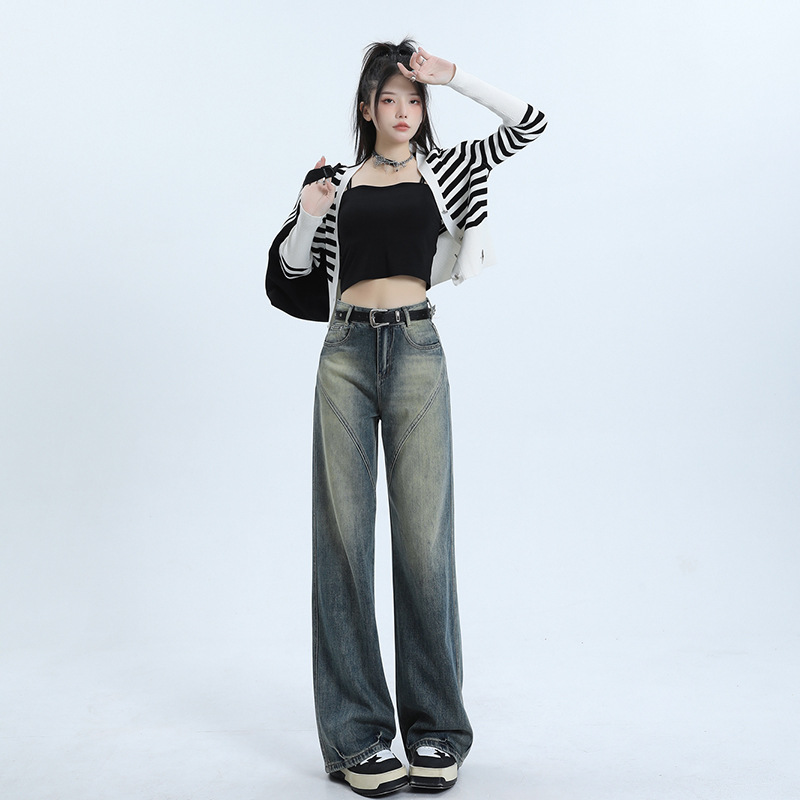 American Retro Wide Leg Denim Women's Autumn New Fashion High Street Loose Slimming Drooping Straight Mop Pants Women