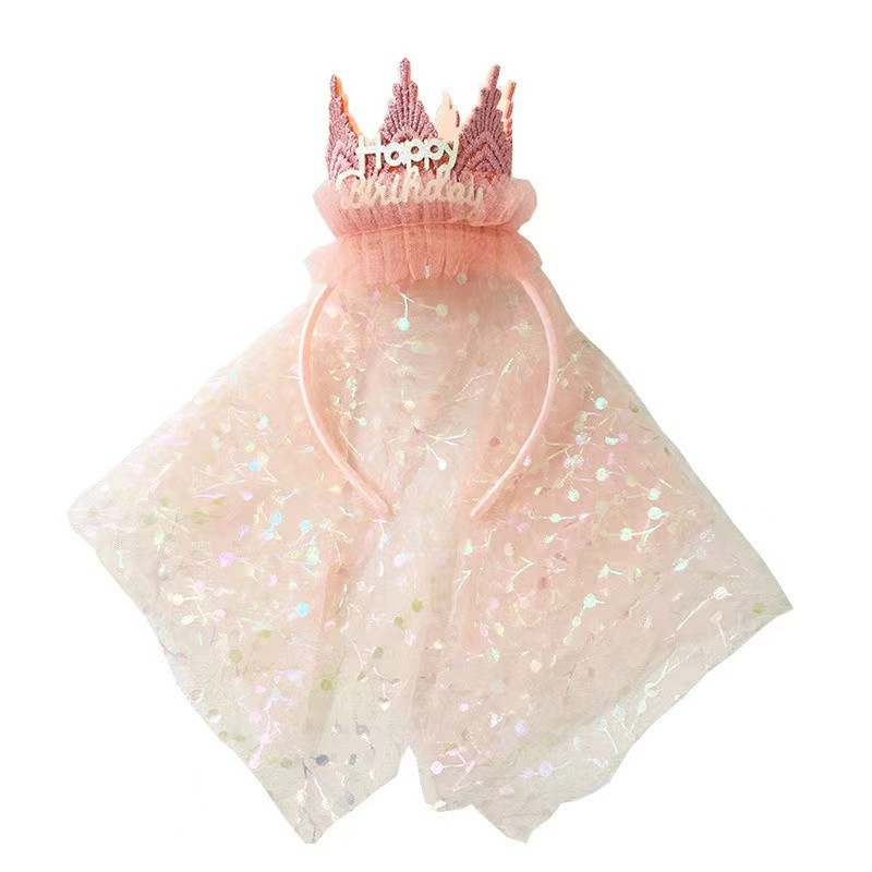 Princess Veil Birthday Headband Korean Party Little Girl Children Headband Cute Internet Celebrity Crown Hair Ornament in Stock