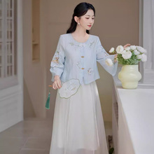 实拍 复古新中式国风刺绣上衣+白色纱裙套装