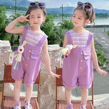 儿童装夏季薄款套装针织弹力T桖背带裤2件套小女孩紫色气质宽松潮