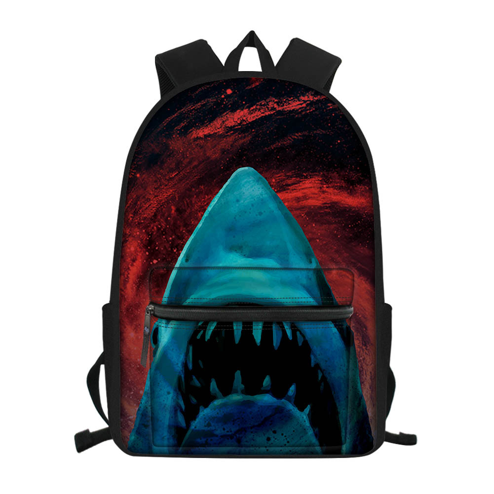 创意血红背景恐怖蓝色大白鲨印花时尚减负男女儿童双肩包一件代发