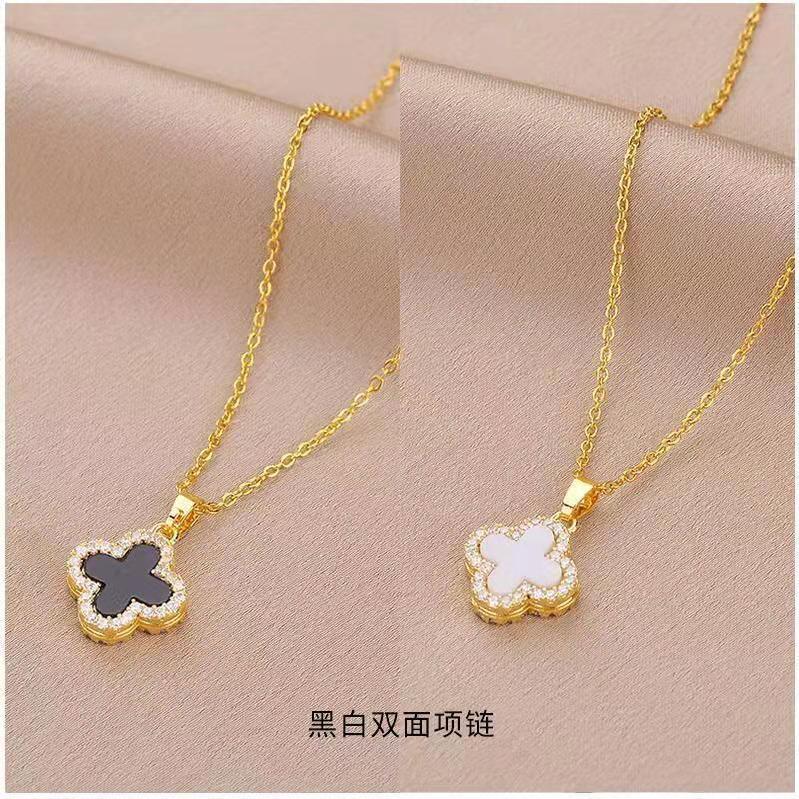 High Version Diamond-Embedded Simple Clover Necklace Black and White Double-Sided Design Net Red Niche Clavicle Chain Personality Titanium Steel Ornament