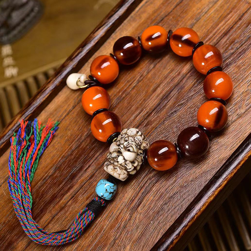 天然黄金甲山龟圆珠子手串单圈根付老骨琉璃配饰藏式文玩佛珠手链