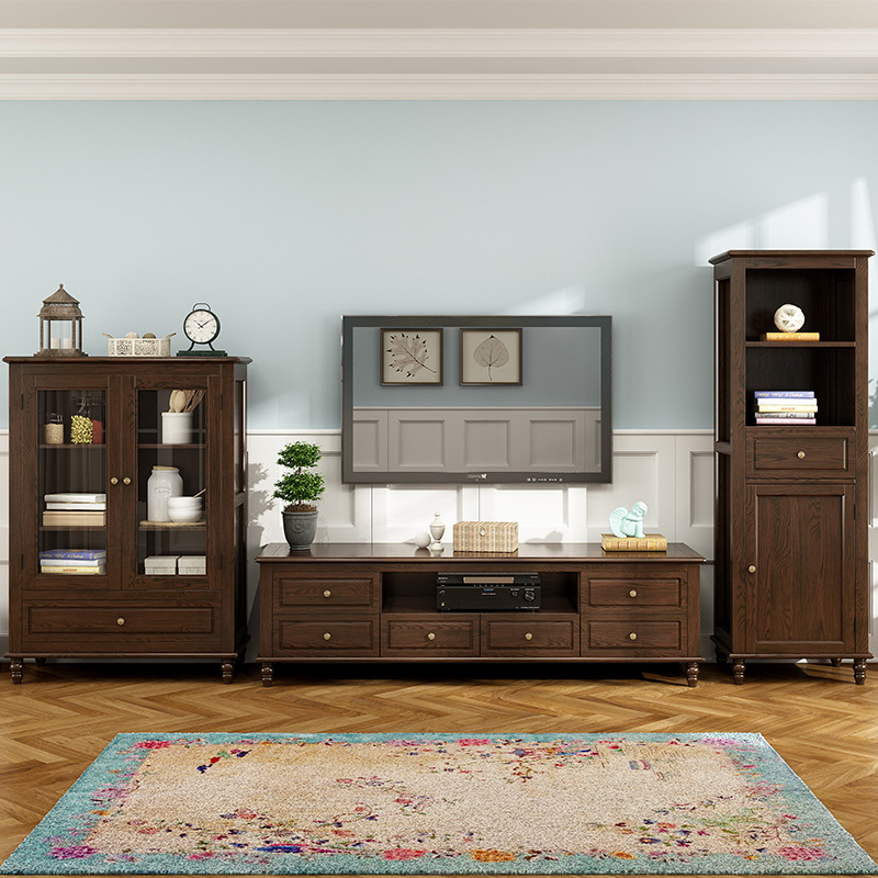 美式实木电视柜现代简约客厅高柜矮柜多功能储物立柜边柜墙柜组合
