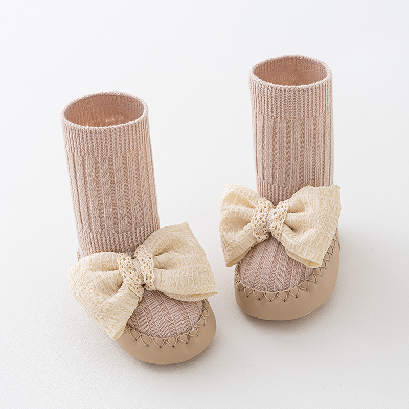 Spring and Autumn Baby Shoes and Socks Class a Non-Slip Leather Bottom Socks Bow Indoor Early Education Baby Floor Socks Breathable Sweat-Absorbent