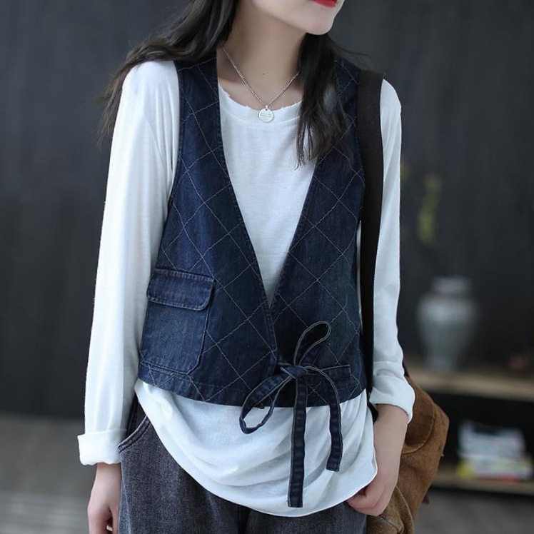 文艺复古格子牛仔马甲女士夏季系带宽松坎肩小马夹外穿百搭背心薄