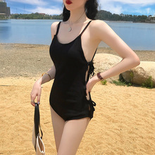韩国维多新款黑色露背三角连体泳衣女小胸聚拢遮肚比基尼温泉泳装