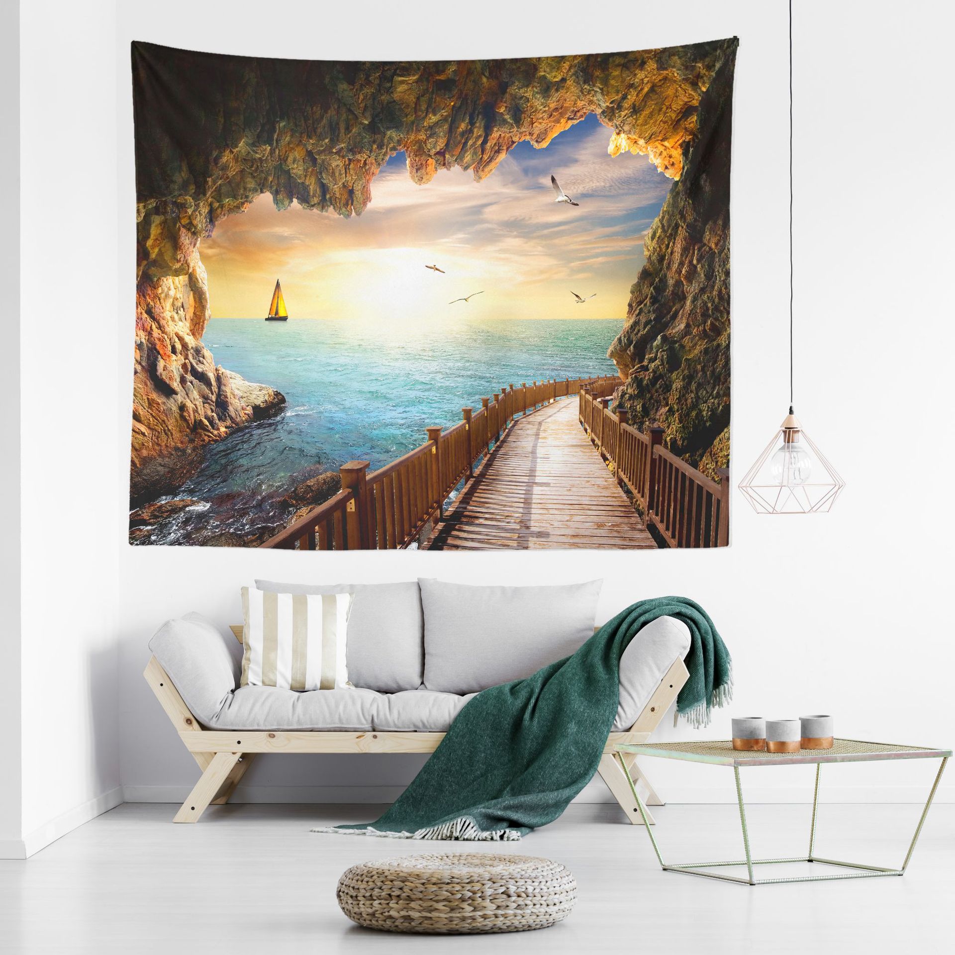 奇特山洞海洋风景印花挂毯 客厅卧室装饰挂画背景布