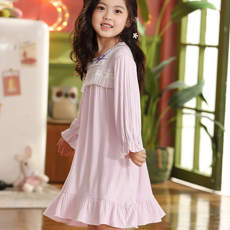 儿童睡衣女童春秋全棉长袖可爱小女孩中大童蕾丝睡裙小女孩家居服