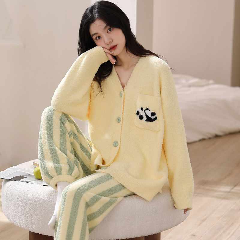 half velvet pajamas women‘s winter winter fleece lining thickened confinement clothing winter panda autumn and winter coral velvet home wear spring and autumn