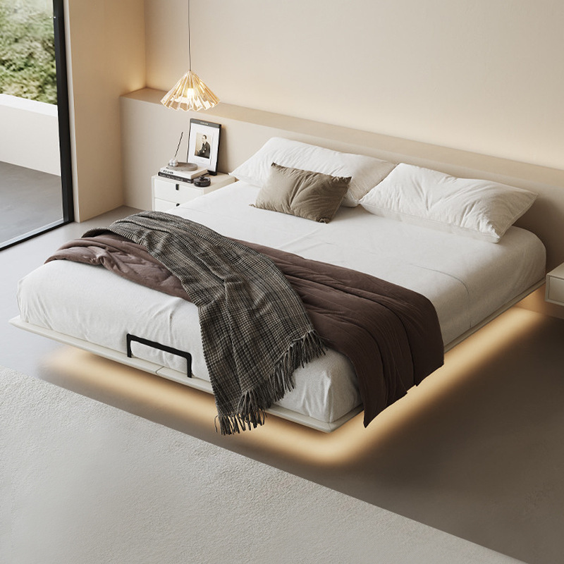 意式极简哪怕真皮悬浮床现代简约奶油风无床头带感应灯主卧大软床