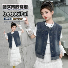 儿童牛仔马甲2025春款休闲时尚女孩叠穿外套大童复古无袖背心马夹