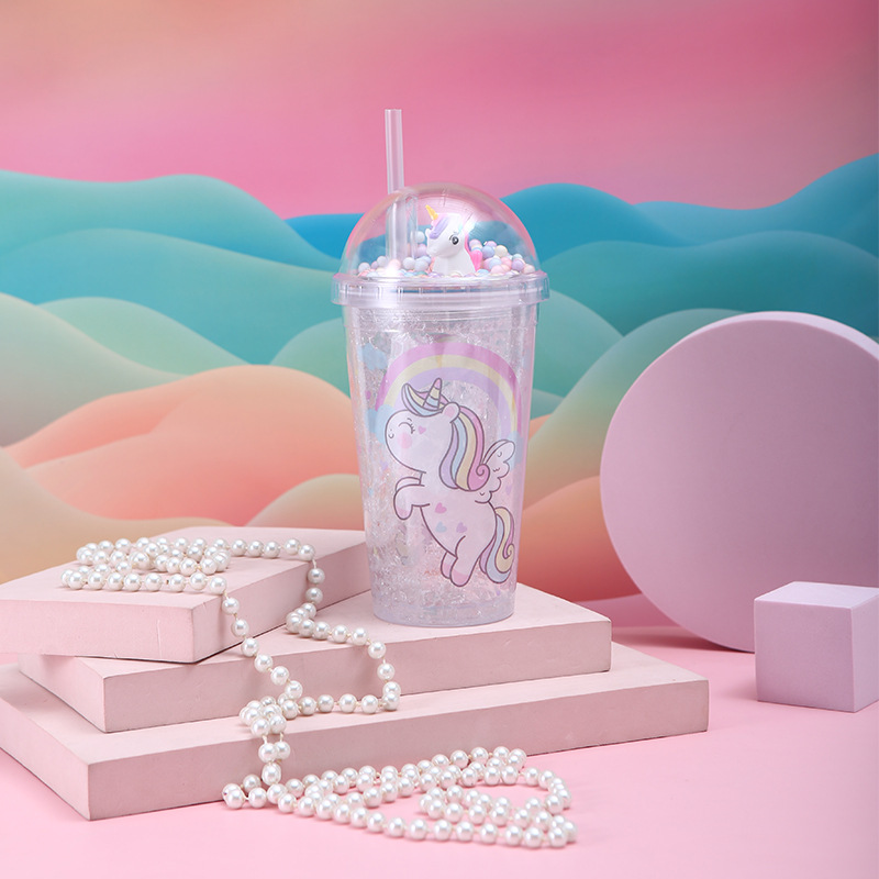 New Cute Unicorn Translucent Cup with Straw Double-Layer Portable Plastic Cup Cute Cartoon Teenage Girl Crushed Ice Cup