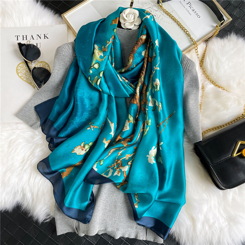 Spring, Summer and Autumn New Korean Style Floral Elegant High-End Imitated Silk Scarves Female Ornament Shawl Sunscreen Beach Towel