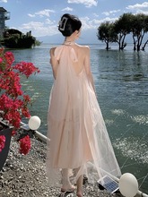 法式新娘晨袍挂脖连衣裙仙女夏季超仙生日礼服海边度假沙滩长裙子