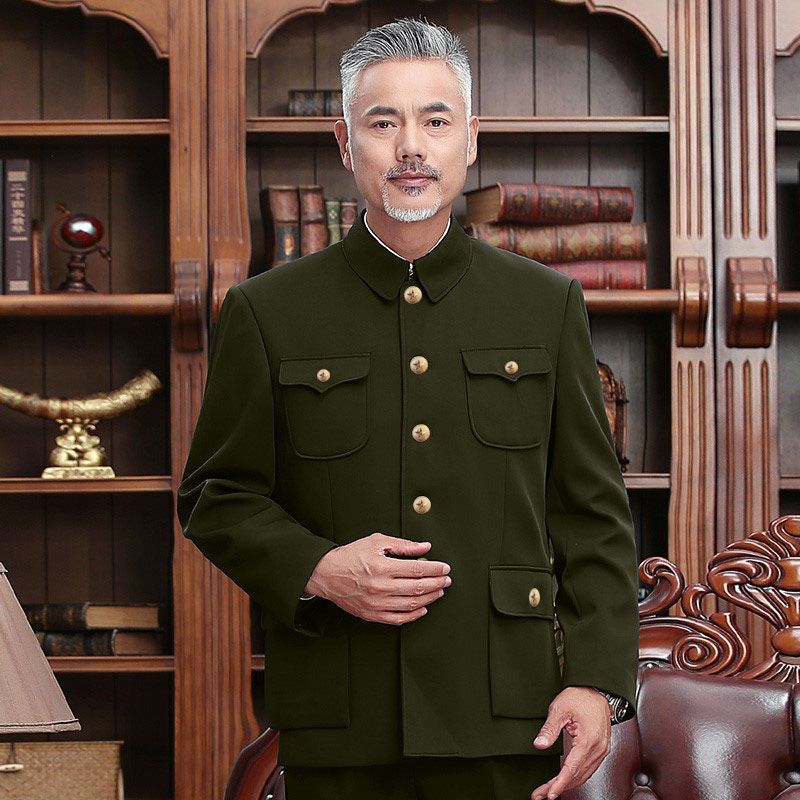 sh军绿色中山装男中老年套装春秋冬装老人外套中山服爷爷装人民老
