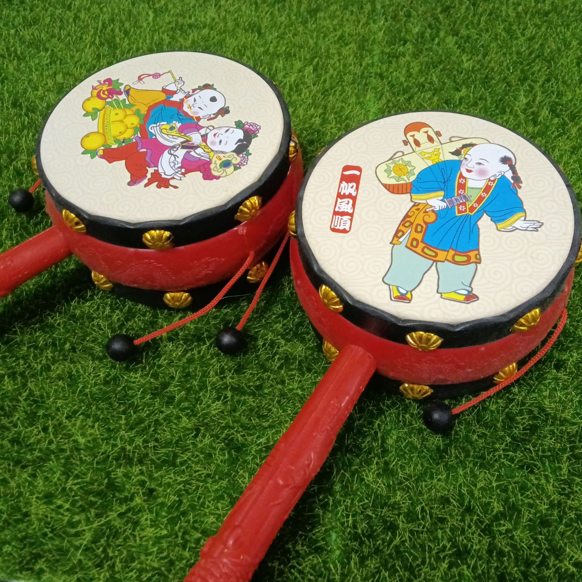 【乐美玩具】大号24*9cm吉祥摇鼓金边拨浪鼓 乐器婴幼儿玩具批发