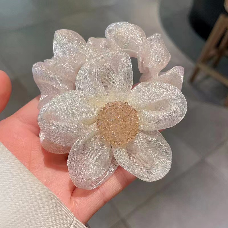 Korean Style New Shiny Mesh SUNFLOWER Large Intestine Ring Ponytail Hair String Tie up a Bun Hairstyle Hair Band Fashion All-Match Hair Accessories