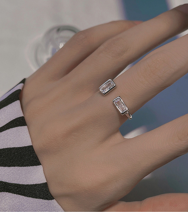 闪耀双钻开口戒指环新款夏韩版女神生日礼物个性简约方形锆石戒指