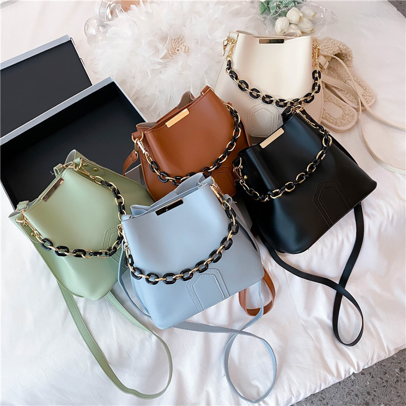 Women's Bag 2021 Spring New Fashion Korean Style Pure Color Bucket Bag Western Style Chain Shoulder Messenger Bag
