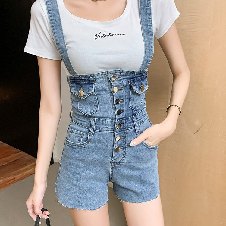 实拍2022牛仔背带裤小个子女热裤超高腰显瘦收腰可拆卸吊带短裤