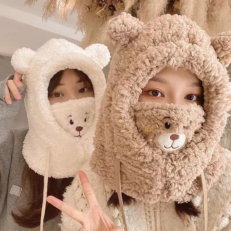 Plush Cute Bear Mask Integrated Hat Female Warm Windproof Cycling Warm Ear Protection Neck Warmer Pullover Cap Winter