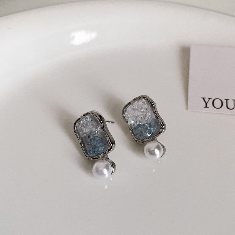 Silver Needle Blue Gradient Crystal Butterfly Flower Earrings Female Niche Design All-Match Earrings Personalized High-Grade Earrings