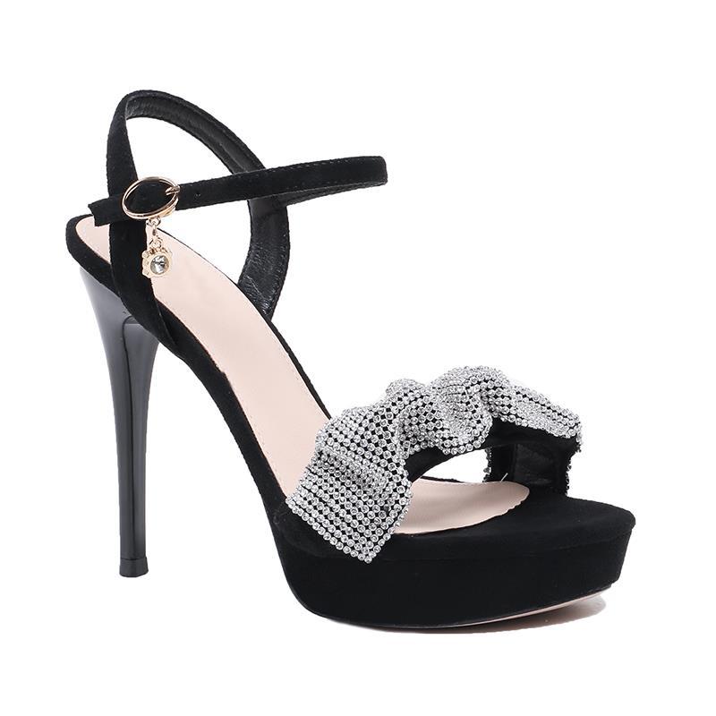 12cm网红凉鞋女细跟露趾防水台高跟鞋2022水钻性感恨天高模特走秀