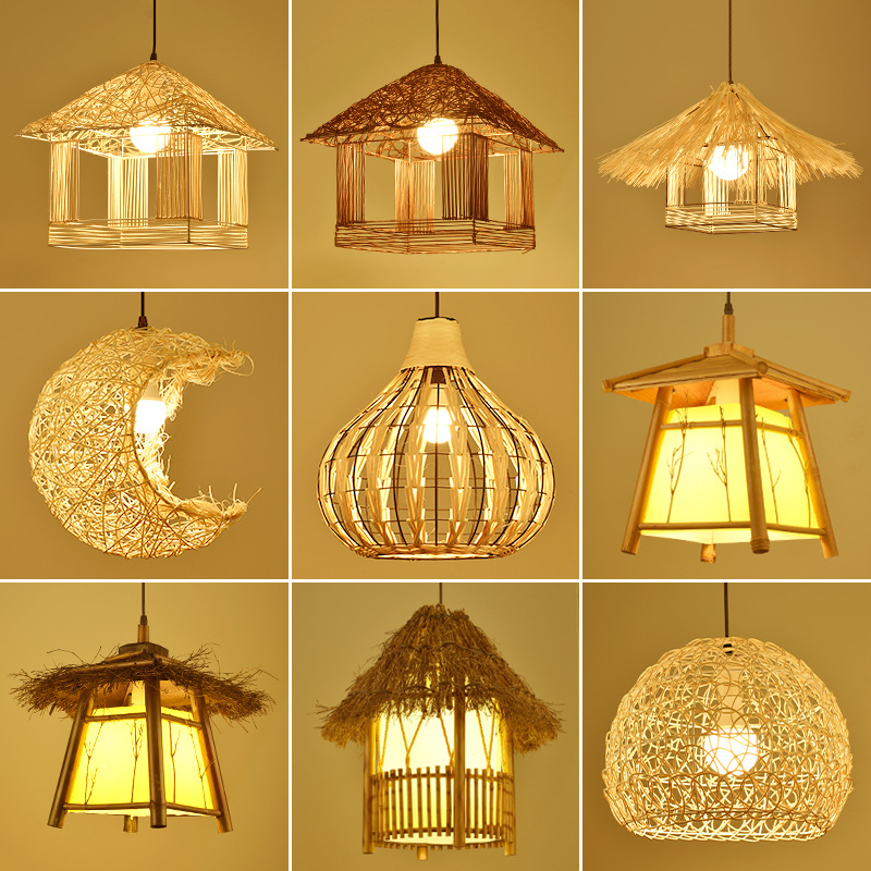 Southeast Asia Rattan-Weaved Ceiling Lamp Creative Hand Weaving Retro Lampshade Personality Hot Pot Restaurant Bird's Nest Bamboo House Chandelier