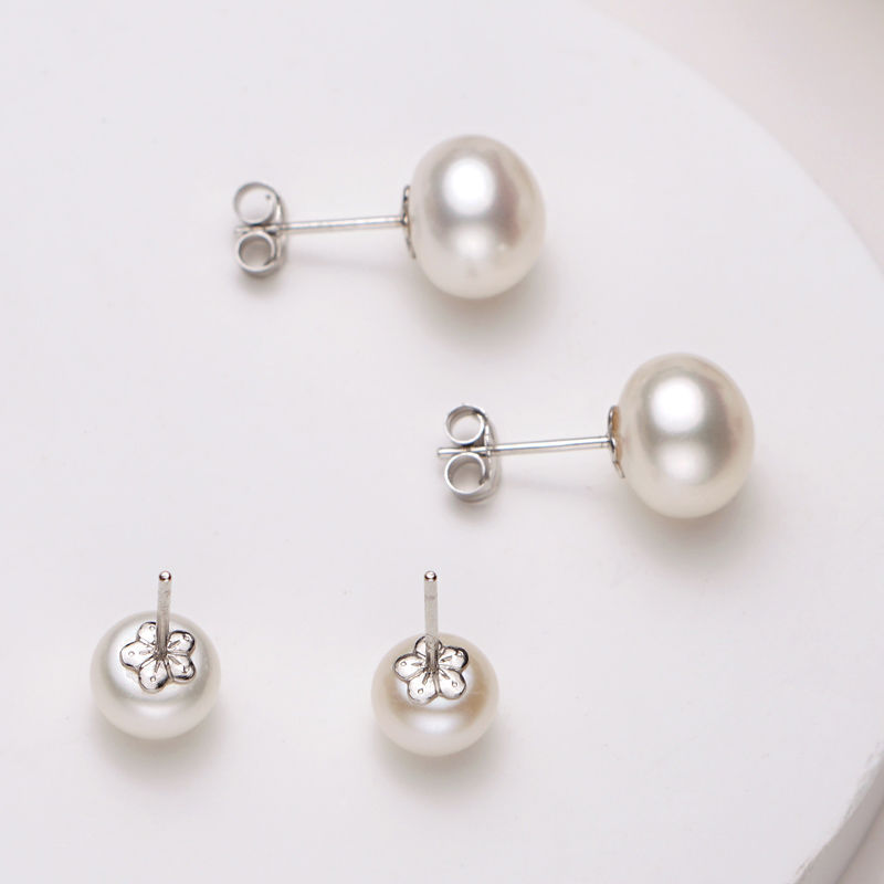 5a6a Natural Freshwater Pearl Ear Studs Sterling Silver Ornament Light Luxury Steamed Bread Earrings S925 Sterling Silver Advanced Wholesale Earrings