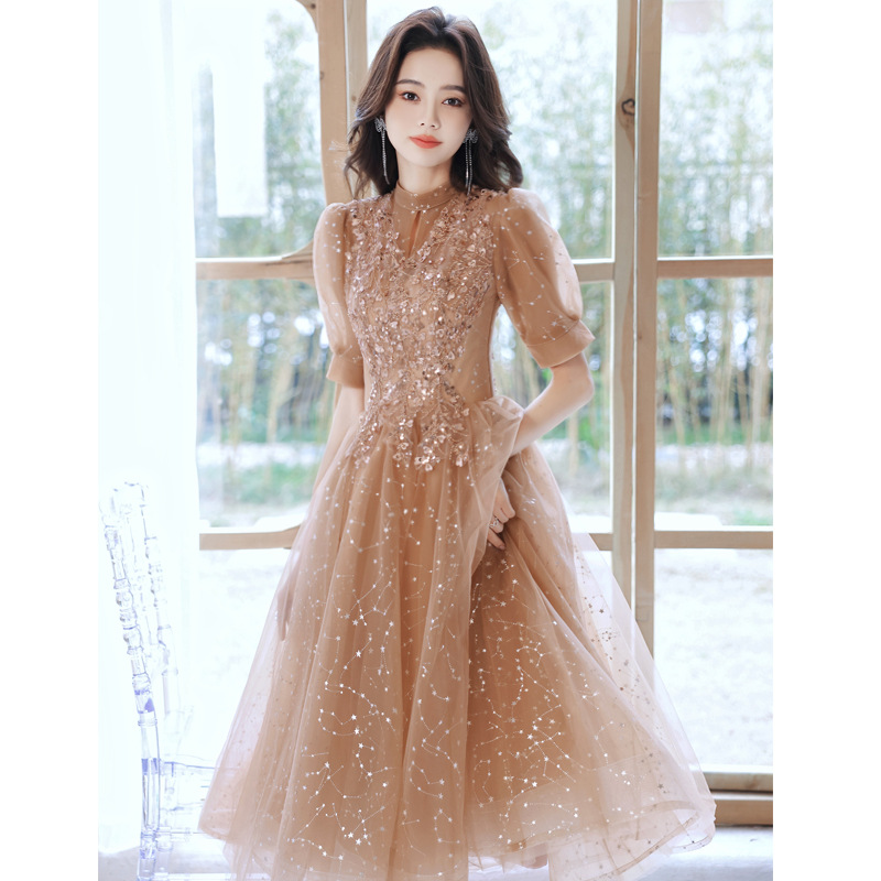 卡其色晚礼服裙2024年新款生日宴会气质伴娘服公主质感聚会晚礼服