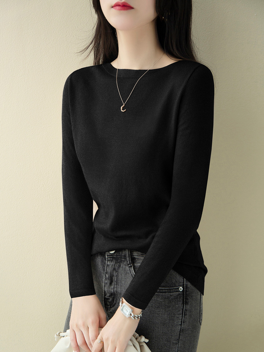 2023 New Spring and Autumn French Simplicity off-Shoulder Collar Sweater Long Sleeves Inner Wear Slim Fit Slim Looking Base Sweater